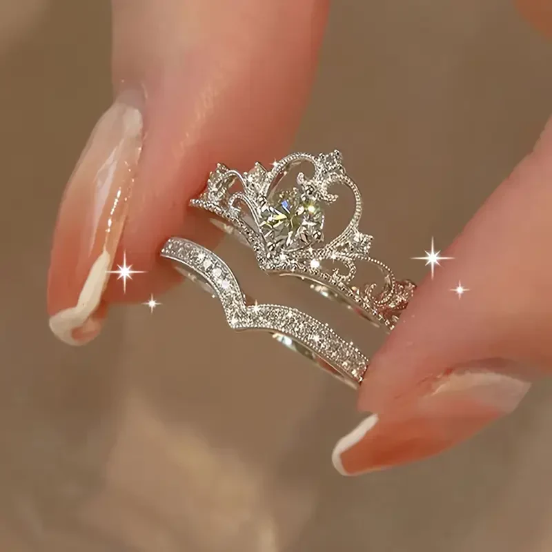 Shiny Crown Silver Ring Set | White Gold 18k